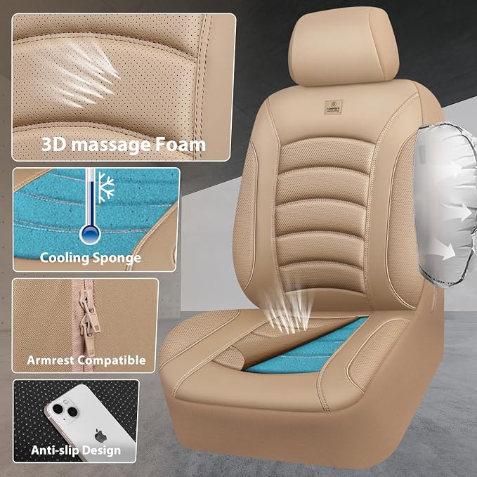 CAR PASS 3D Foam PU Leather Car Seat Covers, Universal Seat Covers Full Sets for Trucks SUV Sedan Automotive Seat Covers Armrest Airbag Compatible Waterproof Comfortable Faux Nappa Leather All Beige - Image 4