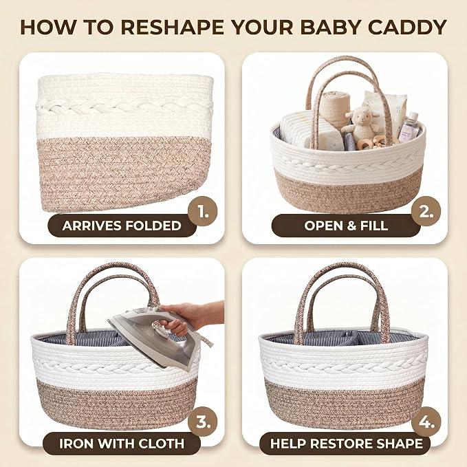 Baby Diaper Caddy Organizer with Removable Compartments, 14.2"L x 7"W x 8.7"H, 100% Handmade Woven Cotton Rope, Portable Nursery Storage Basket for Car and Changing Table, Shower Newborn Gift - Image 6