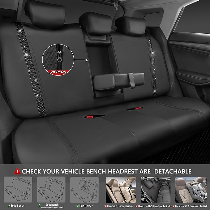 CAR PASS Leather Bling Diamond Car Seat Covers Full Set, Shining Rhinestone Waterproof Durable Rear with Zipper, Universal Fit Automotive Glitter Crystal Sparkle Strip for Cute Women Girly Black - Image 4