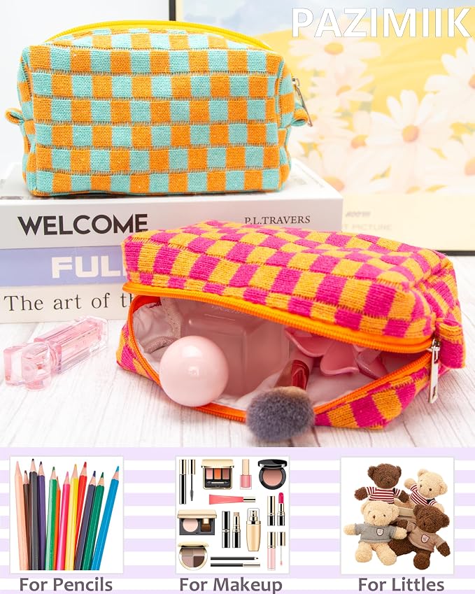 Checkered Makeup Bag for Purse, Small Cosmetic Pouch,Red Orange,6 Pack | Cute Zipper Makeup Organizer for Women, Travel Essentials, Toiletries, Makeup Brushes, Beauty Accessories&Bridesmaid Gifts - Image 5