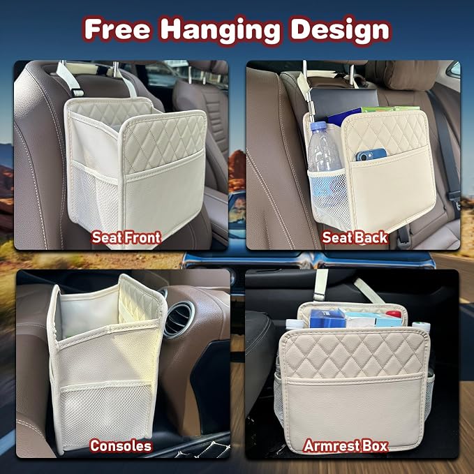 Witaxima 2 Pack Upgraded Car Seat Organizer Backseat with Storage Pockets, Multipurpose Car Organizer Hanging Car Trash Bag Premium PU Leather Garbage Can 2.14 Gallon Large Capacity Accessories Beige - Image 5