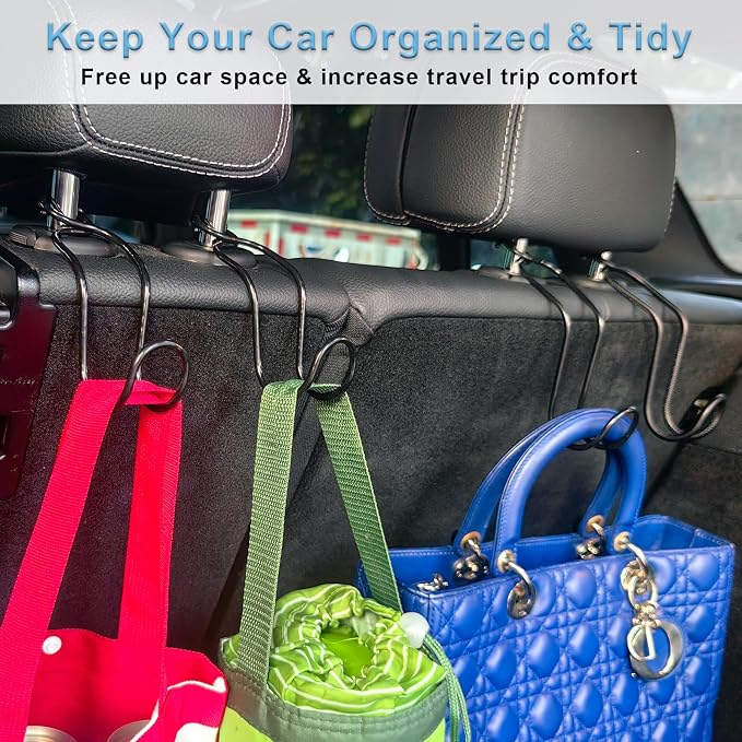 4 Pack Purse Hooks for Car SUV Truck Seat Front Back Organizer - 2*S + 2*L | Metal Hanger Headrest Holder for Handbag, Bag, Hardhat, Grocery Road Trip Must Haves Car Gadgets Accessories for Women - Image 5