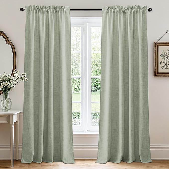 RYB HOME Linen Sheer Curtains 120 inches Long for Living Room | Breathable, Weave Textured, Rod Pocket, Semi Sheer, Sage Green, for Dining Room, W52 x L120, 2 Panels Set by RYBHOME