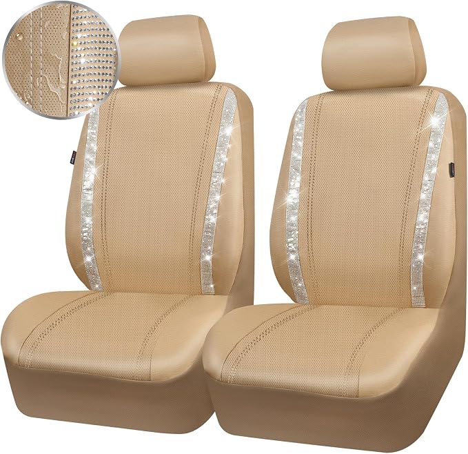 CAR PASS Leather Bling Diamond Car Seat Covers 2 Front Interior Sets, Waterproof Universal Shining Glitter Crystal Sparkle Fit for 95% Automotive Truck SUV Cute Women Girl, Beige Rhinestone - Image 9