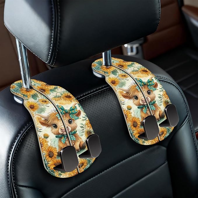 Blusabaca 2PCS Car Hooks for Purses Bags, Highland Cow Cattle Artwork Modern Seat Back Storage Headrest Holder Hanger PU Leather Double Metal Backseat Organizer, Women Car Accessories Organization by Blusabaca