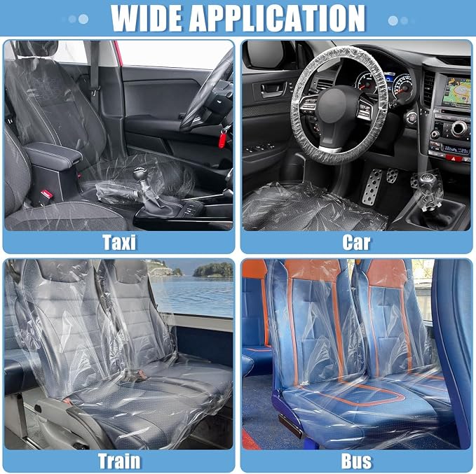MYFAMIREA 125 PCS Disposable Car Seat Covers Clear Plastic Vehicle Seat Protector Set with Steering Wheel, Gear Shift and Handbrake Covers, Universal for Cars Auto Truck Bus Airplane - Image 7