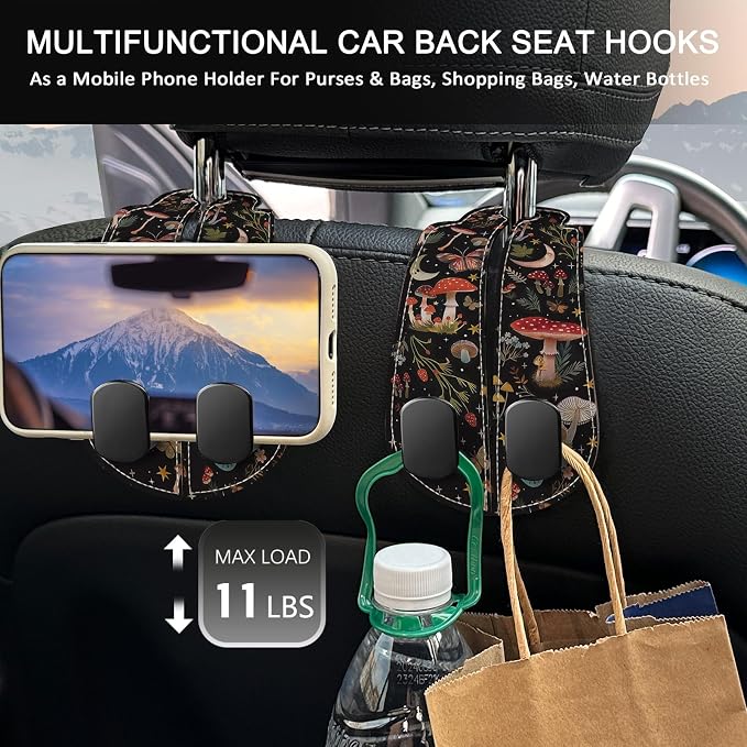 Blusabaca 2PCS Car Seat Headrest Hooks, Purses Bags Holder, Cute Mushroom | PU Leather, Double Metal Back Storage Hangers for Grocery Bags Handbags Bottles Coats Phones, Car Accessories Organization - Image 3