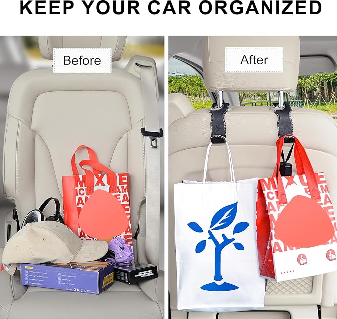 Car Headrest Hooks, 2 Pack Leather Car Purse Holder, Car Back Seat Organizer for Purse Coats Umbrellas Groceries - Image 6