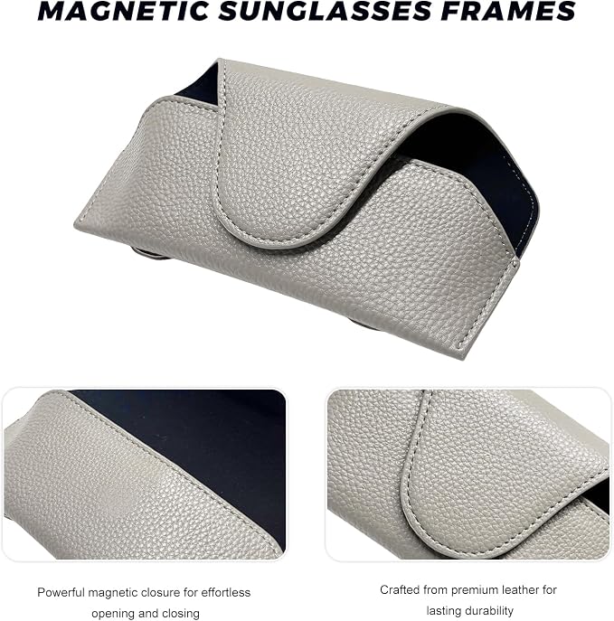Sunglass Holder for Car Visor, Magnetic Auto Sun Visor Eyeglass Organizer with Dual Back Clips, Leather Glasses Protective Storage Case Universal for Most Vehicles Visors (Gray) - Image 3