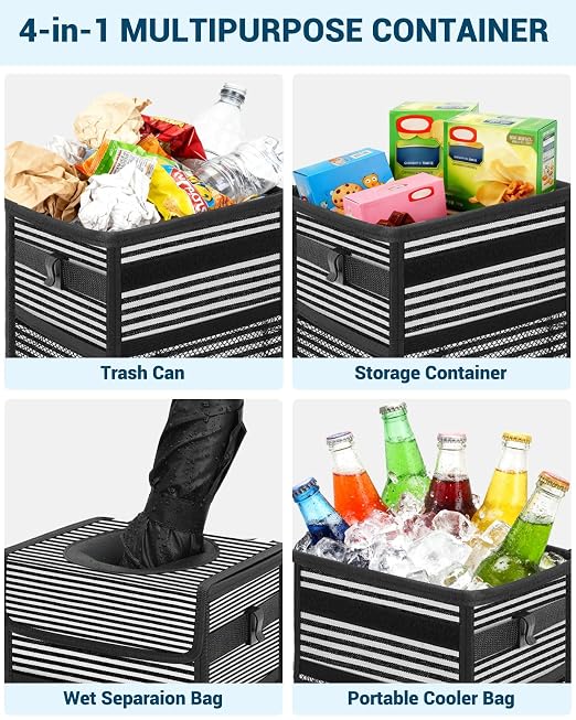 Capolo Car Trash Can with Lid, Leakproof Car Garbage Can Car Trash Bag | Waterproof, Trash Can for Car, 3 Mesh Pockets, Mini Hanging Vehicle Car Trash Bin, for Back/Front Seat (Stripe,2.5 Gal) - Image 5