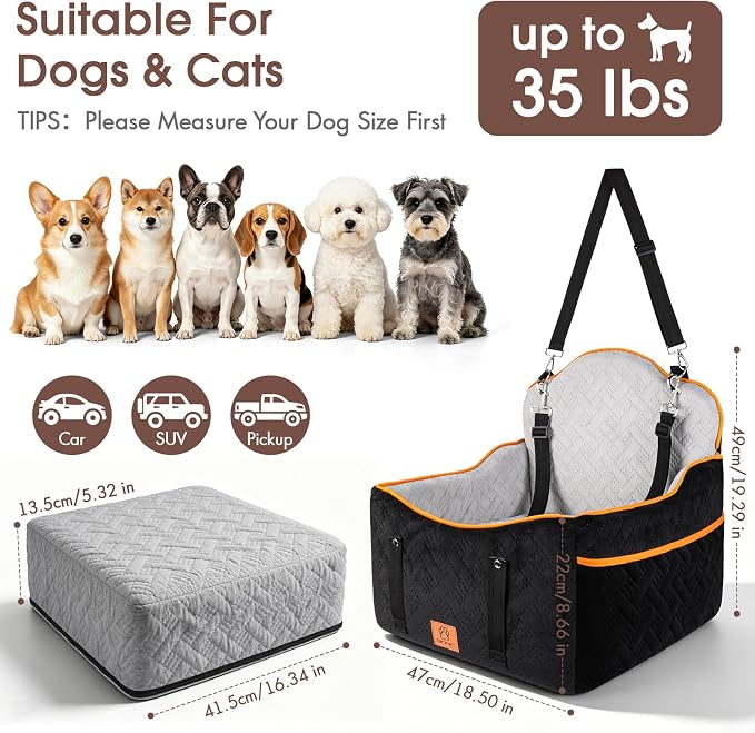 GINMIC Dog Car Seats for Small Medium Dogs up to 35 lbs – Dog Booster Car Seat with 5.3-Inch Memory Foam, Dual Safety Leashes, Detachable Washable Cover & Storage Pockets, Soft Travel Dogs Bed (Black) - Image 5