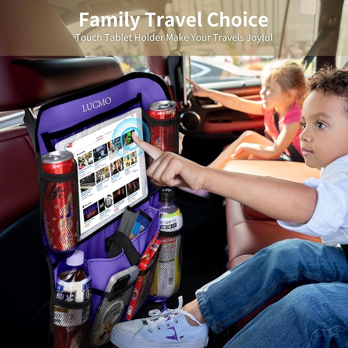 LUCMO Car Backseat Organizer with Touch Screen Tablet Holder, Dark Purple | 2 Pcs,9 Storage Pockets,Clear Tablet Holder,Protectors Kick Mats,Travel Accessories,Seat Cover,Road Trip Essentials - Image 7