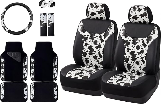 AUTOFAN Cow Print Car Seat Covers Full Set, PU Leather Interior Combo with 2 Front Seat Covers, 4 Floor Mats, Steering Wheel Cover, Seat Belt Pads & Cup Holder Coasters, Universal Fit by AUTOFAN