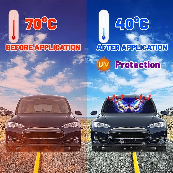 Funny Butterfly Car Windshield Sun Shade Umbrella Automotive Windshield Sunshade Foldable Front Car Accessories Interior Decor to Keep Vehicle Cool for Most Vehicles 57'' X 30'' - Image 5