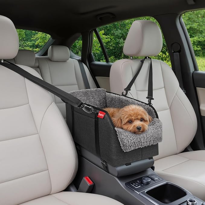 BurgeonNest Center Console Dog Car Seat for Small Pets to 11lbs, Grey | Anti-collapse armrest Console seat with washable fluffy cushion, pillow & tether for stable, cozy pet travel trips. by Lifelongfriendsbelovedfamily