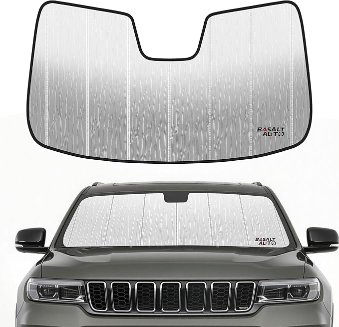2022-2026 Grand Cherokee Windshield Sun Shade Custom Fit for 2022 2023 2024 2025 2026 Jeep Grand Cherokee Silver Reflective Foldable Front Sun Visor Sunshade Protector with Storage Bag by BasaltAuto