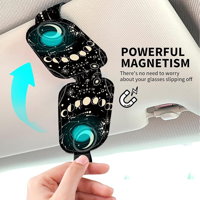 Leather Magnetic Sunglass Holder for Car Sun Visor, Cute Eyeglass Ticket Card Hanger Clip, Universal Auto Interior Accessories for SUV Pickup Truck, Celestial Moon - Image 3