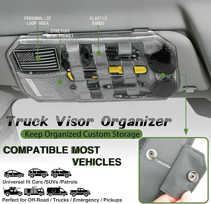 Car Sun Visor Organizer, Fits Most Cars Trucks SUV Jeeps Patrols—Grey | Tactical Molle Panel Visor Storage Organizer with Sunglasses Holder for Police Gear & Overland Accessories - Image 4
