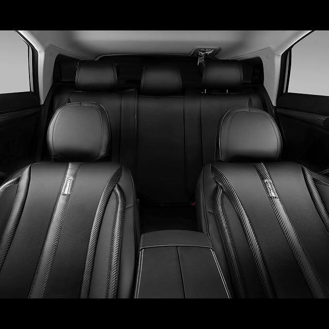 CAR PASS Carbon Fiber Nappa Leather Car Seat Covers Front Only Cushioned Leatherette 2 Piece Padded Waterproof Universal Fit for Cars SUV Truck Pickup Automotive Vehicle Interior, 2PCS Black - Image 6