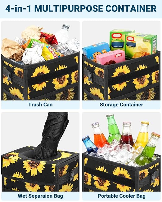 Capolo Car Trash Can with Lid, Leakproof Car Garbage Can Car Trash Bag | Waterproof, Trash Can for Car, 3 Mesh Pockets, Mini Hanging Vehicle Car Trash Bin, for Back/Front Seat (Sunflower,2.5 Gal) - Image 5