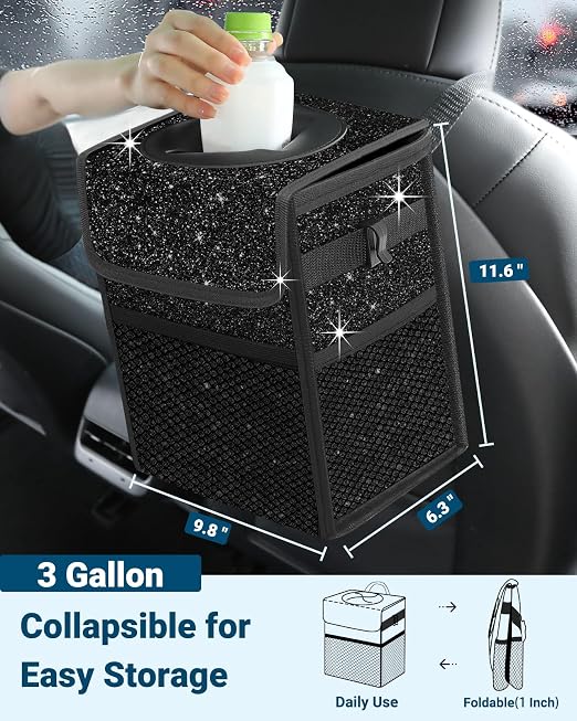 Capolo Car Trash Can with Lid, Leakproof Car Garbage Can Car Trash Bag | Waterproof, Trash Can for Car, 3 Mesh Pockets, Mini Hanging Vehicle Car Trash Bin, for Back/Front Seat (Sparkly Black,3 Gal) - Image 2