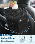 Capolo Car Trash Can with Lid, Leakproof Car Garbage Can Car Trash Bag | Waterproof, Trash Can for Car, 3 Mesh Pockets, Mini Hanging Vehicle Car Trash Bin, for Back/Front Seat (Sparkly Black,3 Gal) - Image 2