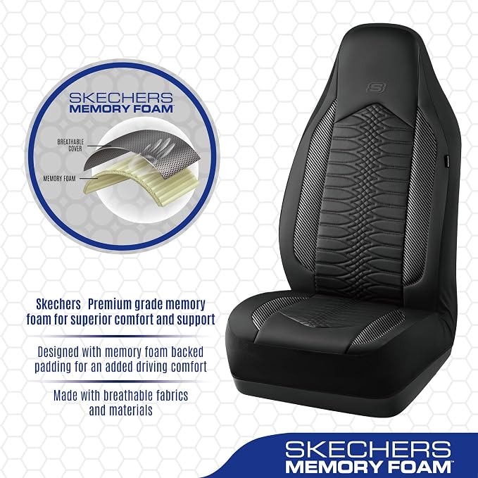 Skechers Memory Foam Car Seat Covers, Leather High Back Seat Covers Quilting Design,Waterproof Sports Car Seat Covers Front Seats,Airbag Compatible Universal Fit for Most Cars, SUVs,Trucks,Black - Image 4