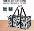 Extra Large Utility Tote Bag - Oversized Collapsible Reusable Wire Frame Rectangular Canvas Basket With Two Exterior Pockets For Beach, Pool, Laundry, Car Trunk, Storage - Damask Black - Image 5
