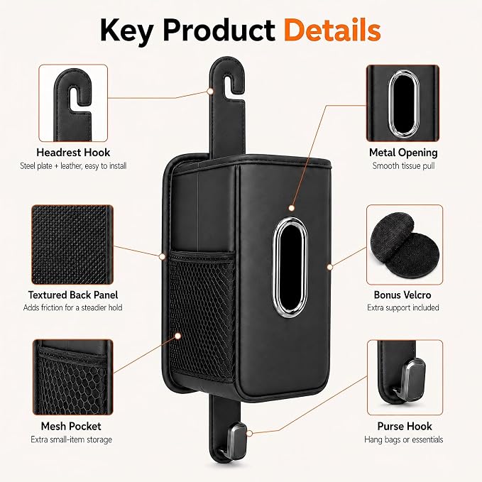 Witaxima Multifunction Leather Car Tissue Holder with Headrest Hook 1 Pack | Car Small Trash Can & Seat Back Organizer PU Leather kleenex holder for 120-150 Tissues Keep Car Tidy, Black - Image 2