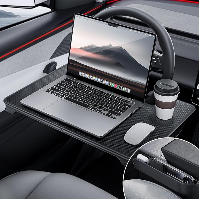 YONZEE 2-in-1 Car Steering Wheel Desk Tray & Car Seat Gap Filler Organizer – Foldable Carbon Fiber Look Table for Laptop, Eating Food, Writing – for Standard Round Steering Wheels by YONZEE