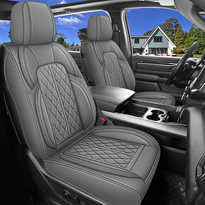 Car Seat Cover Custom Fit for Dodge Ram 1500 2500 3500 2002-2026 Faux Leather Seat Cover Set Compatible with Crew Quad Regular Cab Pickup Truck Cushions (Grey, Full Set, Curved Rear) by DuDuWang