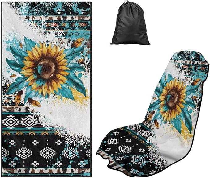 Aztec Sunflower Car Seat Cover Sweat Auto Front Seat Cover with Storage Bag Sunflower Print Car Seat Protector Aztec Tribal Auto Interior Accessories Running Swimming Hiking Universal Towels by YMPUDXFI