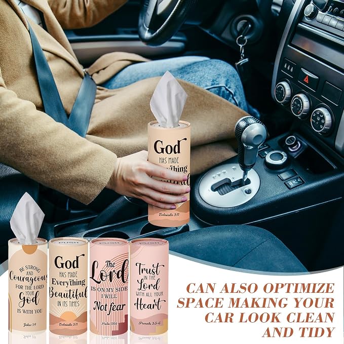 Outus 12 Pack Christian Car Tissues Cylinder Holder with Facial Tissue Bulk Round Bible Verses Napkins Container for Car Home Travel Prayer Church Gifts, 6 Designs - Image 4