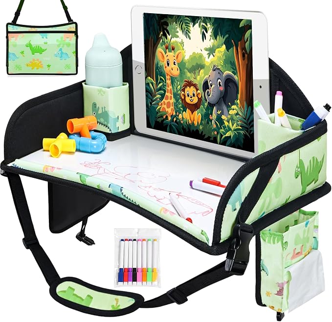 Car Seat Tray,Toddler Road Trip Essentials With Drawing Kit | Road Trip Essentials Accessories Lap Tray with iPad Holder Stand & Dry Erase Board as Travel Gifts for Kid,Green by WENRENER
