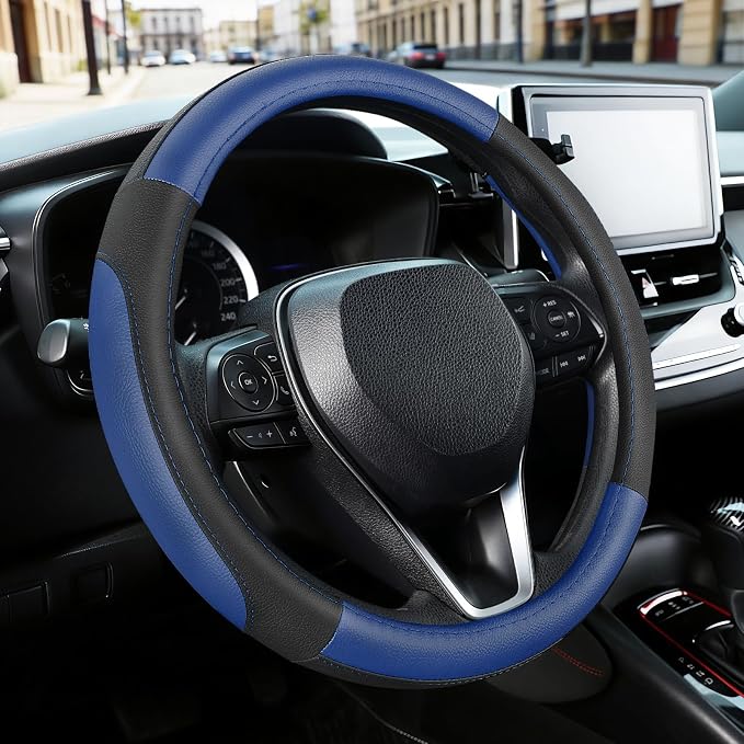 SEG Direct Car Steering Wheel Cover for Prius Civic Model 3 / Y 14"-14.25" | Small Size 35.5-36 cm for Camaro, Microfiber Leather, Anti-Slip Comfortable Grip, Auto Interior Accessories, Black and Blue by SEGDirect