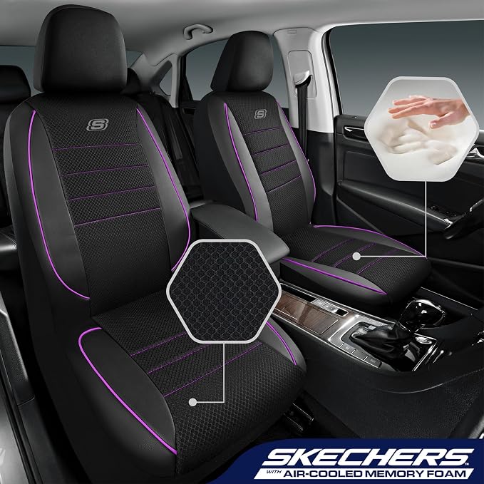 Skechers Air-Cooled Memory Foam Seat Covers,Mesh Thick Car Seat Covers,Piping Leather Car Seat Covers Front Seats,Airbag Compatible,Automotive Comfort Universal FitMost Cars,Vans,Truck,SUV,Purple - Image 2