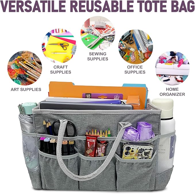 Cupohus Craft Organizer Tote Bag – Craft Caddy with 2 Mesh Side Pockets & Front Elastic Pockets, Foldable Large Capacity Supply Storage Bag for Sewing, Knitting, Painting, and Travel (Grey) - Image 7