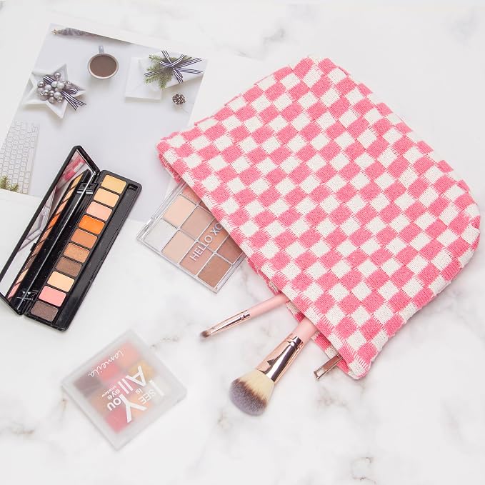 PAZIMIIK Checkered Makeup Bag for Purse, Small Flat Cosmetic Pouch,Pink | Cute Zipper Makeup Organizer for Women, Travel Essentials, Toiletries, Makeup Brushes, Beauty Accessories&Bridesmaid Gifts - Image 4