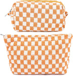 SOIDRAM 2 Pieces Makeup Bag Large Checkered Cosmetic Bag Capacity Canvas Mix Travel Toiletry Bag Organizer Cute Makeup Brushes Aesthetic Accessories Storage Bag for Women, Yellow checkered by SOIDRAM