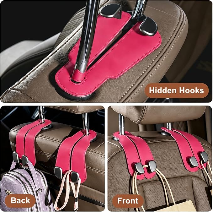 CoBak Purse Hook for Car - Universal Premium Stitched Leather and Aluminum-Magnesium Alloy Double Car Seat Back Storage Hook for Purses, Handbags, Bags (2 Pack),Raspberry - Image 5