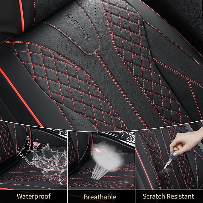 FLORICH Leather Car Seat Covers, Automotive Seat Cover 2 Pack Waterproof Seat Covers for Cars Driver Seat Cover Protectors Universal Fit for Most Cars SUV Trucks Vehicles, Black&Red Line - Image 6