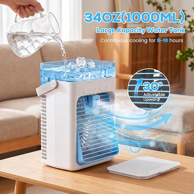 Portable Air Conditioners, Personal Evaporative Air Cooler with 1000ML Water Tank, 3 Speeds & 2 Mist Modes, Portable AC Fan for Car, Caravan, Kitchen, Office Desk - Image 5