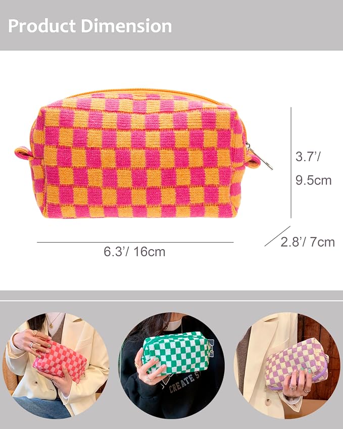 Checkered Makeup Bag for Purse, Small Cosmetic Pouch,Red Orange,2 Pack | Cute Zipper Makeup Organizer for Women, Travel Essentials, Toiletries, Makeup Brushes, Beauty Accessories&Bridesmaid Gifts - Image 3