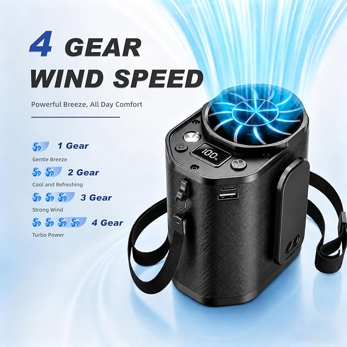 Waist Fan with Clip on: Portable 4-Speed Enlarged Fan-blades Personal Belt Fan with LED Light 6-11H of Working Time Hands-Free Neck Fan - Image 5
