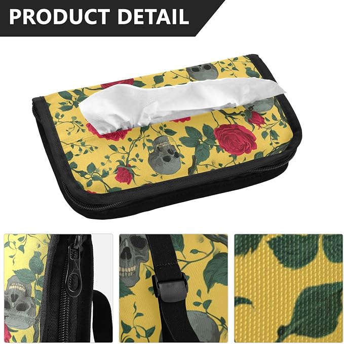 Car Tissue Holder Car Napkin Holder Tissue Box Dispenser Storage Case Sun Visor Mask Holder Accessories with Adjustable Straps Reusable Refillable Yellow Gothic Rose and Skull - Image 3