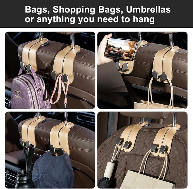 CoBak Extra Wide Car Seat Back Hooks, Premium Stitched Leather Headrest Hangers with Wide Slot Structure, Universal for Any-Width Purses, Handbags, Bags (2 Pack), Gold - Image 4