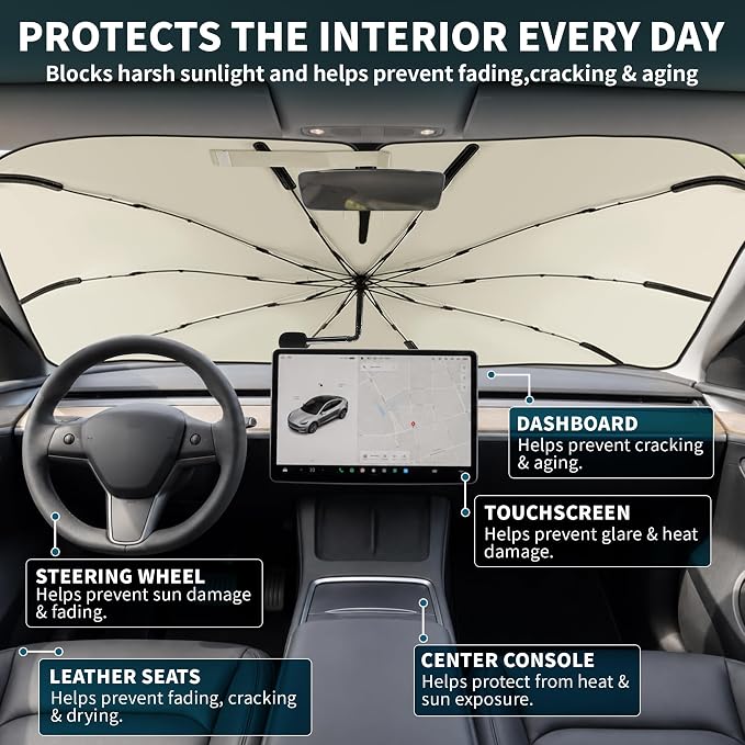 Windshield Sun Shade Umbrella,UPF 50+ Foldable Car Umbrella Sunshade Cover | 57"x33" UV Heat Insulation Car Front Window Sun Shade,5-Layer UV Block Coating,for Sedan,SUV,Pickup,Trucks,Keep Vehicle Cool - Image 6