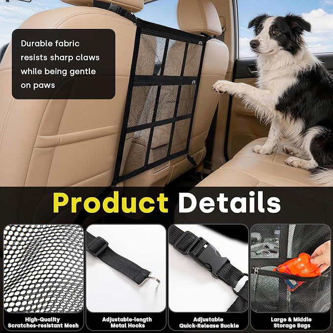 JOENIE Upgraded Dog Car Barrier, Tool-Free Easy Install, Adjustable 22x25 Inch Universal Fit for SUV Sedan Truck, Double-Layer Mesh with Zip Pockets, Sturdy & Breathable - Image 6