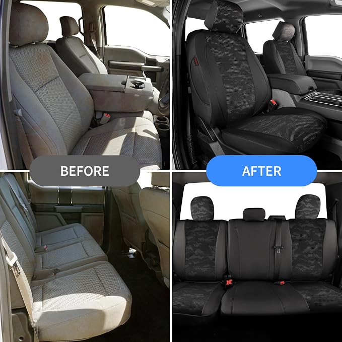 EKR F150 Seat Covers for (4 Door,SuperCrew) 2015-2020 Ford F150 & (CrewCab) 2017-2022 F250/F350/F450 SuperDuty Limited/King Ranch/Lariat/Platinum Full Set,Faux Leather(Black/Gray Camo A122) - Image 6