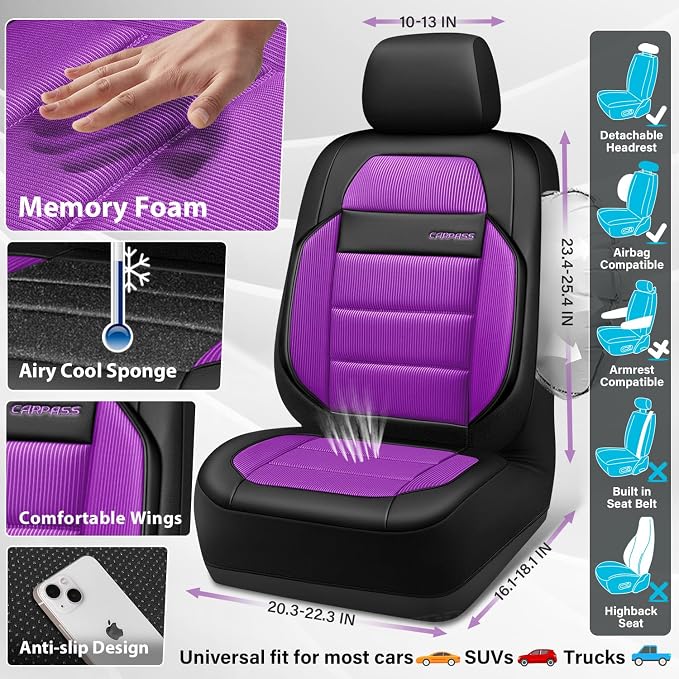 CAR PASS Memory Foam Seat Covers Full Sets, Airy Cool Mesh Thick Car Seat Covers Women, Leather Car Seat Covers 5 Seats Airbag Compatible, Universal Automotive Comfort for Cars, Trucks, SUV, Purple - Image 4